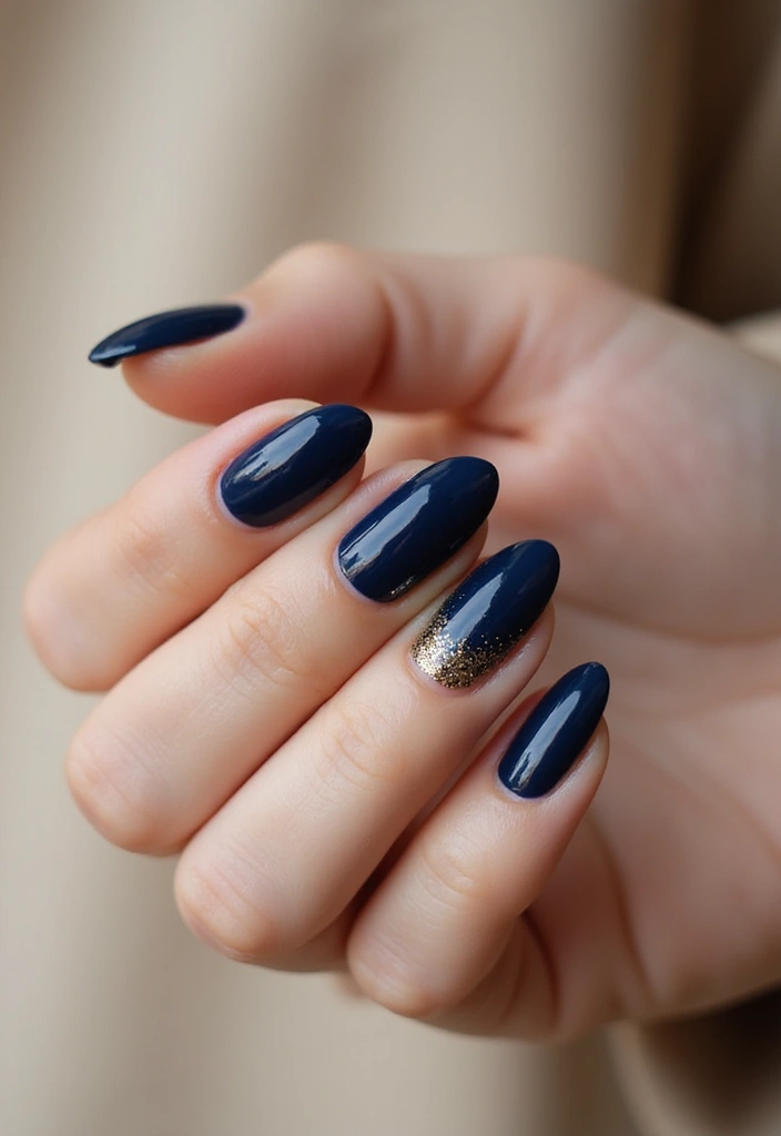 22 Deep Navy Nail Ideas for Nautical - 1. Classic Deep Blue with Gold Accents