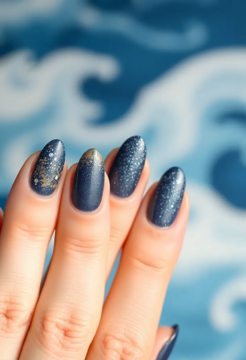 22 Deep Navy Nail Ideas for Nautical - 10. Nautical Theme Glitter Gradient