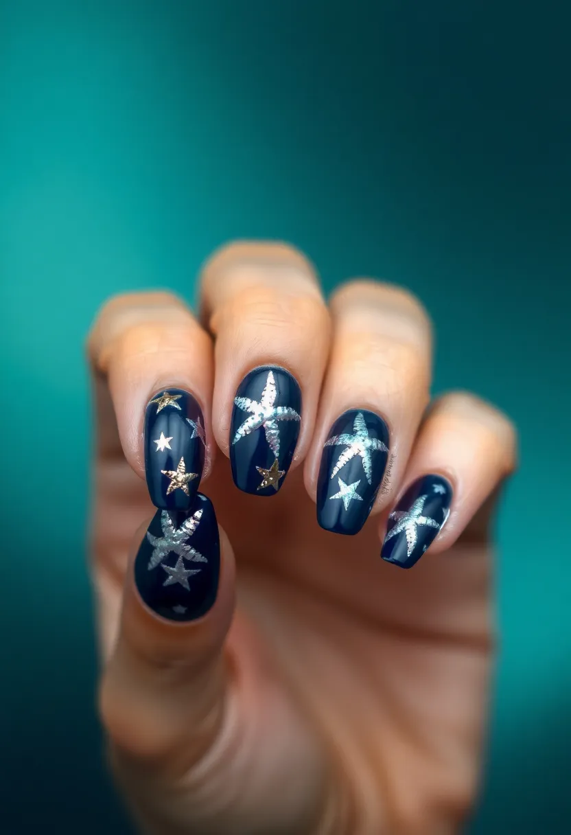 22 Deep Navy Nail Ideas for Nautical - 19. Shimmery Starfish Accents