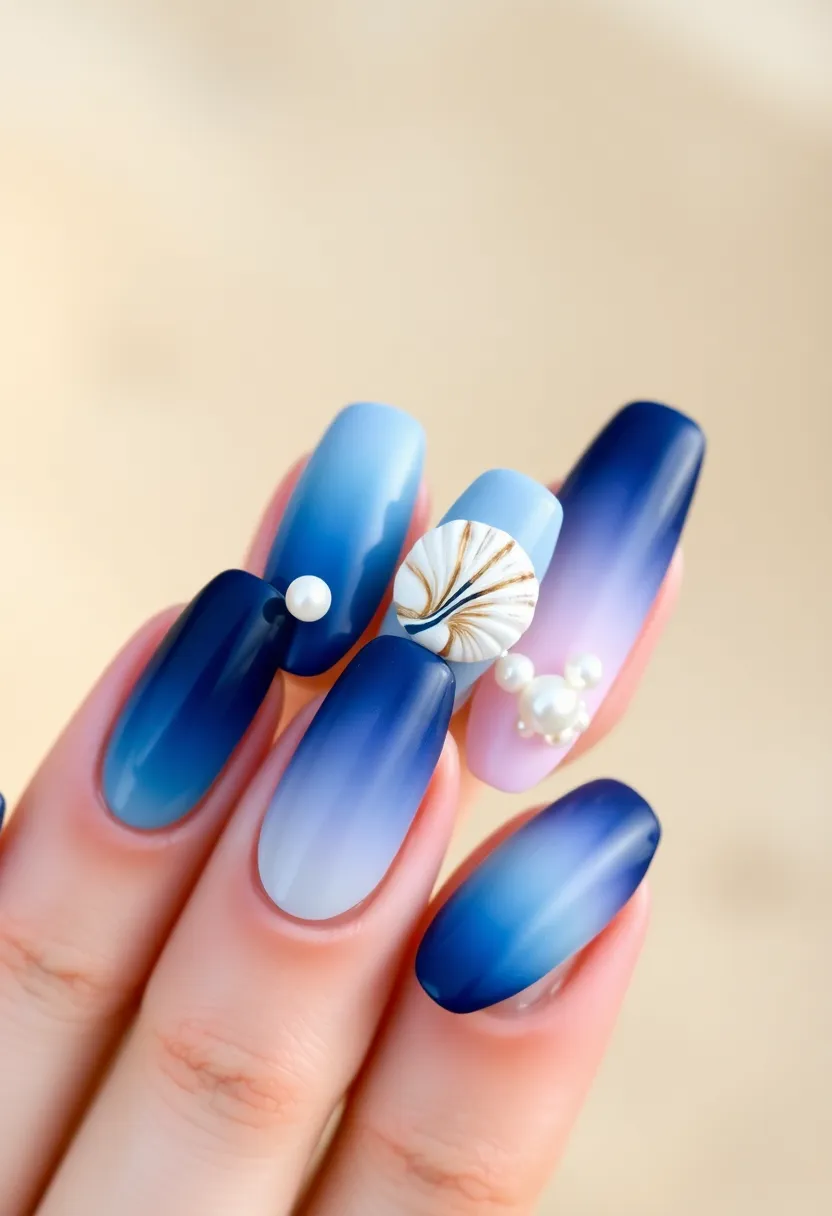 22 Deep Navy Nail Ideas for Nautical - 20. Nautical Gradient with Shells
