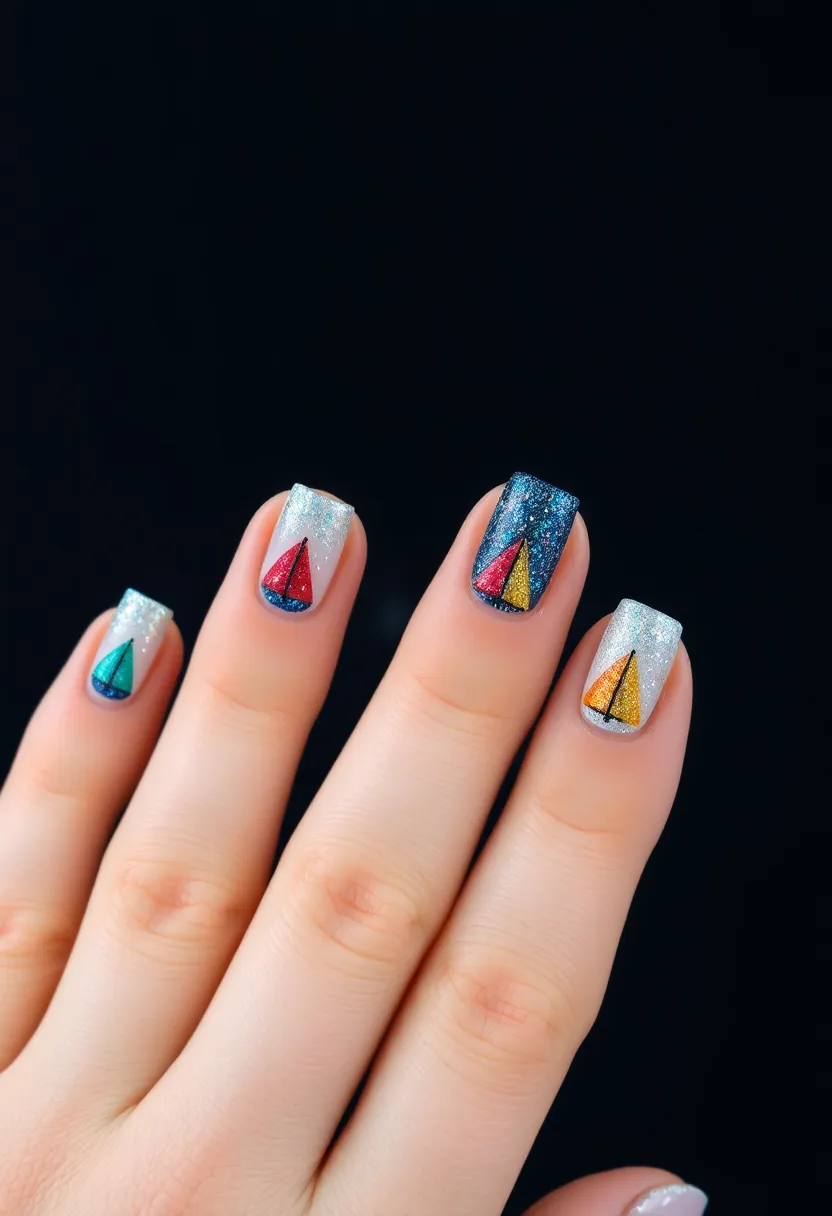 22 Deep Navy Nail Ideas for Nautical - 22. Nautical Glitter Sailboats