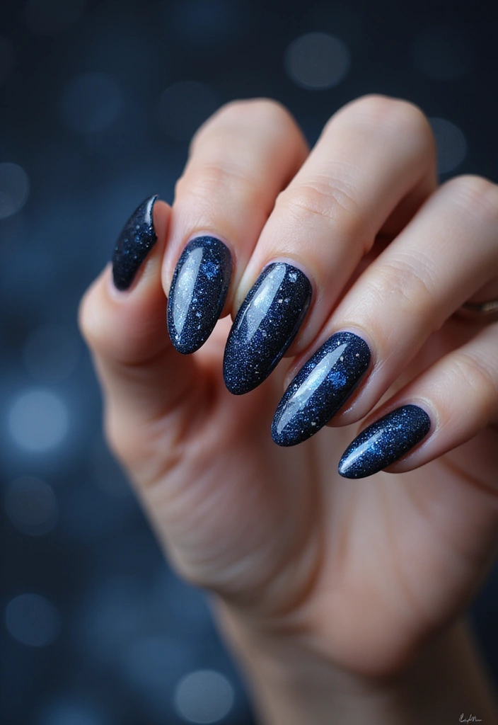 22 Deep Navy Nail Ideas for Nautical - 5. Glittery Navy Galaxy