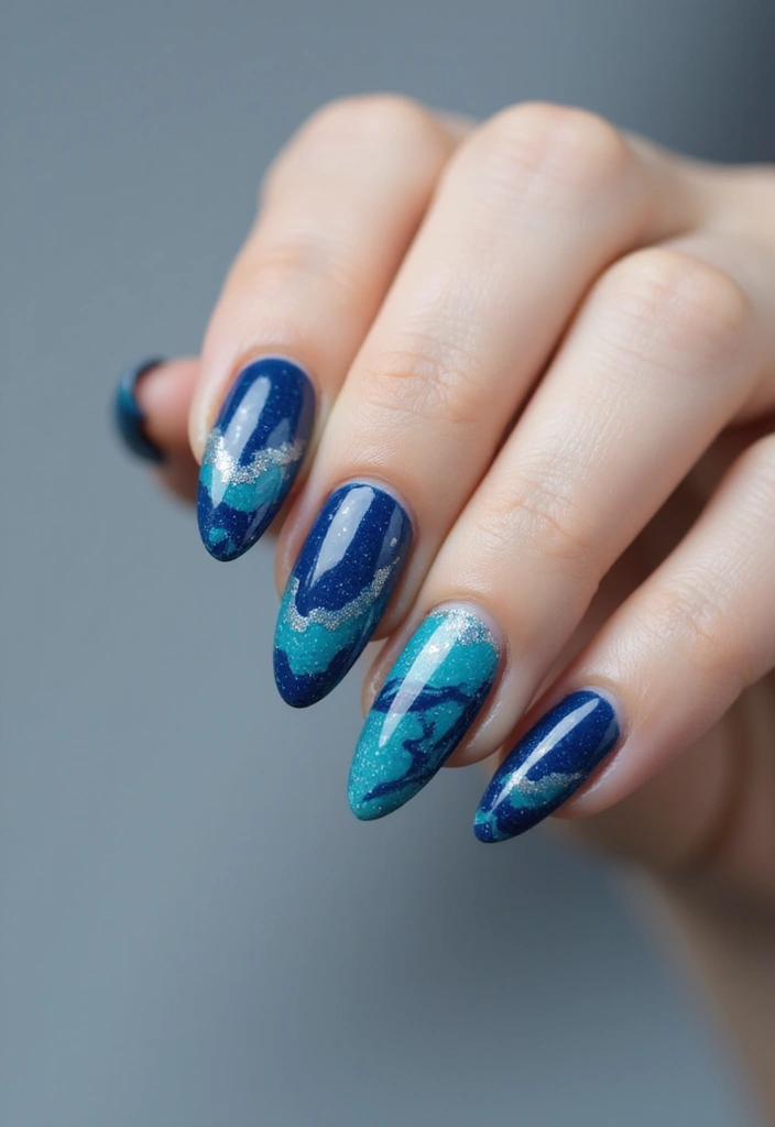 22 Deep Navy Nail Ideas for Nautical - 6. Deep Blue Marbled Design