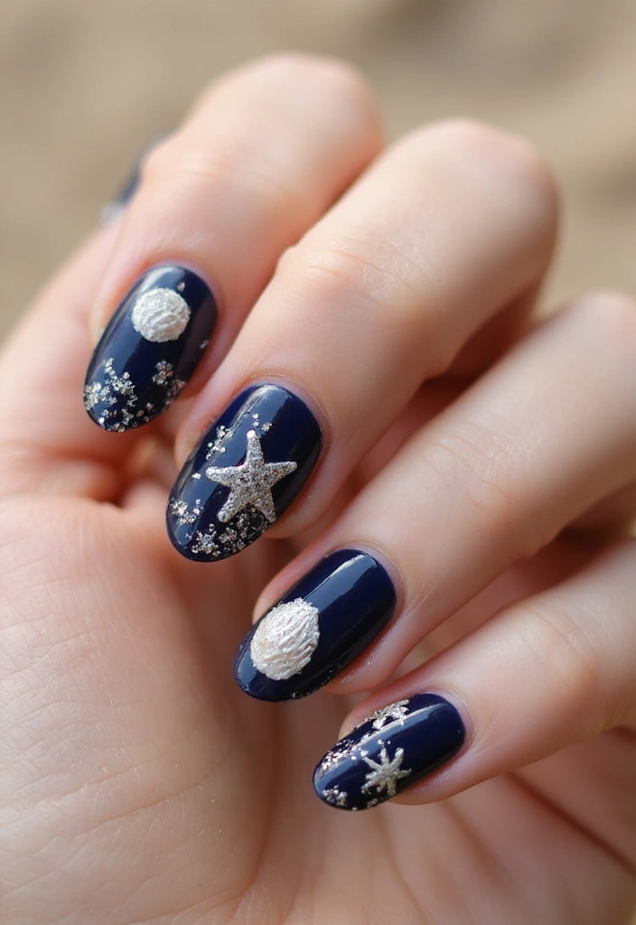22 Deep Navy Nail Ideas for Nautical - 8. Beachy Seashell Accents