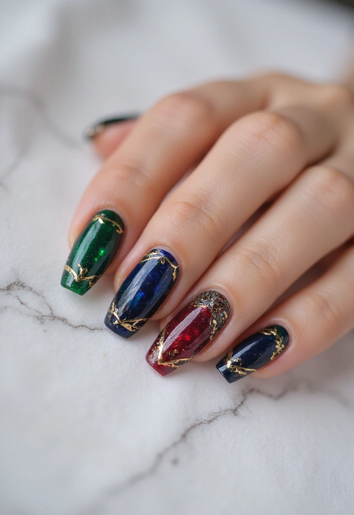 22 Luxurious Gold Acrylic Nail Ideas for Royal Radiance - 11. Jewel-Toned Gold