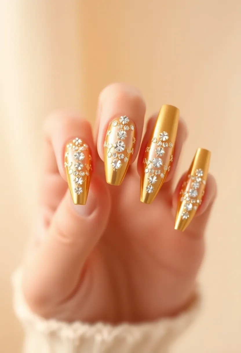 22 Luxurious Gold Acrylic Nail Ideas for Royal Radiance - 13. Lavish Rhinestone Accents