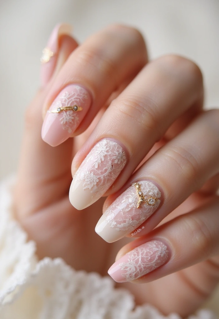 22 Luxurious Gold Acrylic Nail Ideas for Royal Radiance - 14. Elegant Lace Patterns