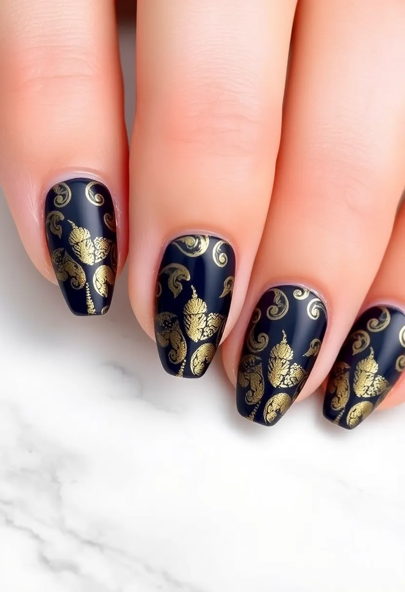 22 Luxurious Gold Acrylic Nail Ideas for Royal Radiance - 16. Gold Stamping Art