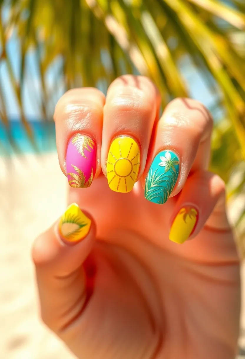 22 Luxurious Gold Acrylic Nail Ideas for Royal Radiance - 19. Tropical Gold Vibes