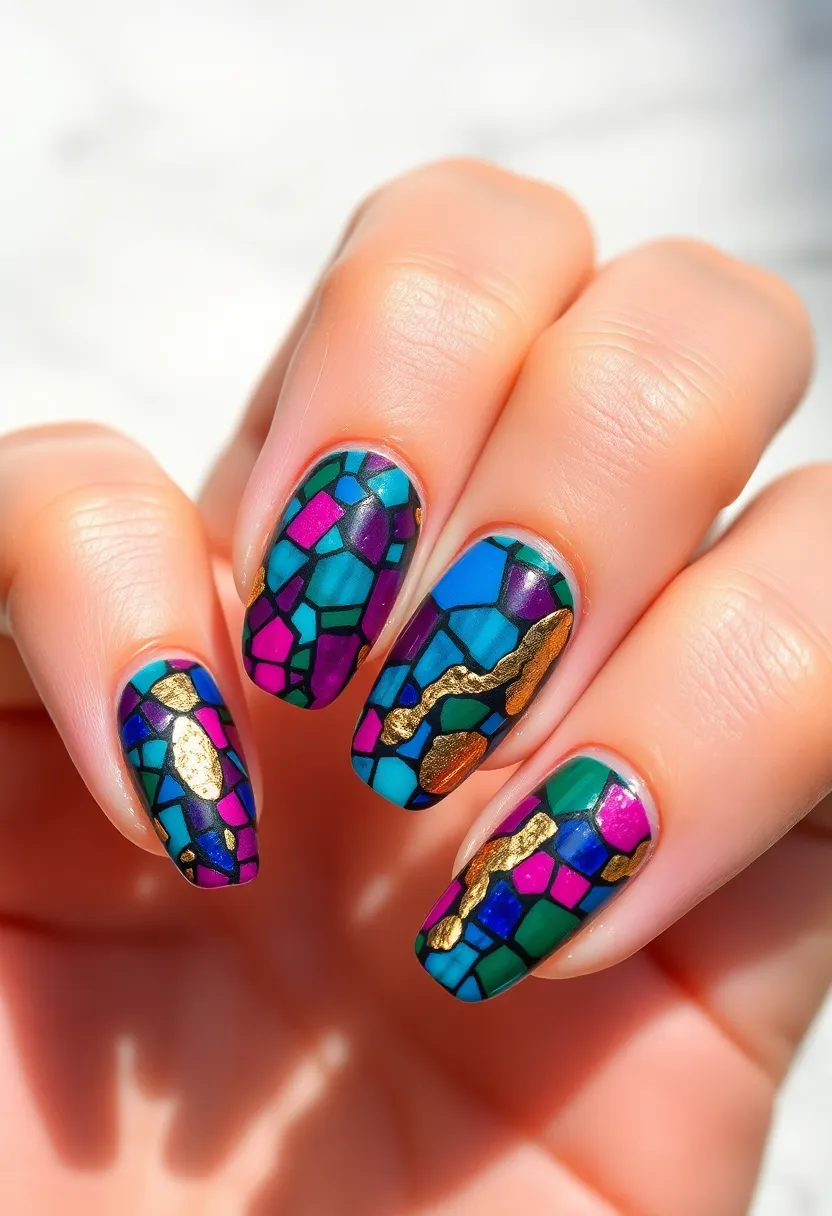 22 Luxurious Gold Acrylic Nail Ideas for Royal Radiance - 22. Modern Gold Mosaic