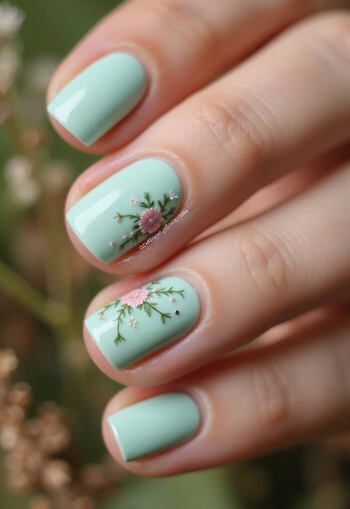 22 Natural Nail Ideas for Healthy Minimalist Beauty - 21. Pale Mint with Subtle Floral Touch