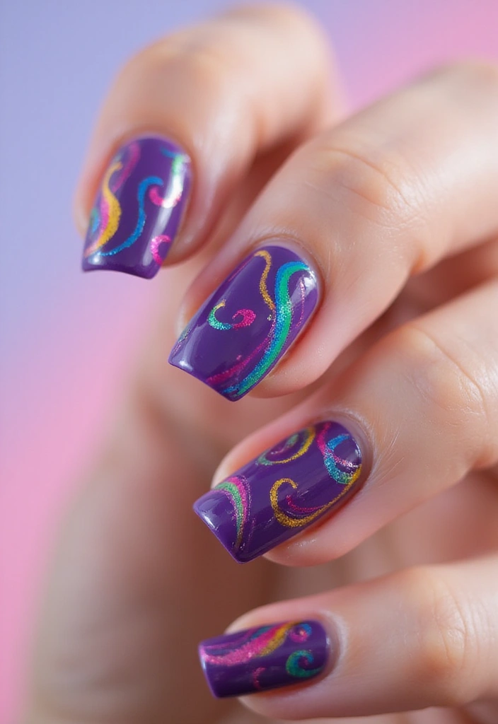22 Purple Acrylic Nail Ideas for Vibrant Royal Vibes - 10. Rainbow Swirls