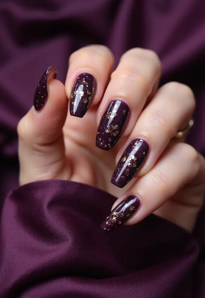 22 Purple Acrylic Nail Ideas for Vibrant Royal Vibes - 15. Dark Purple with Gold Foil