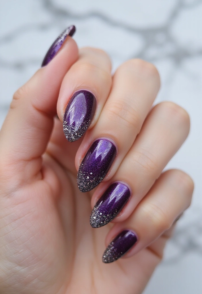 22 Purple Acrylic Nail Ideas for Vibrant Royal Vibes - 20. Glitter Fade