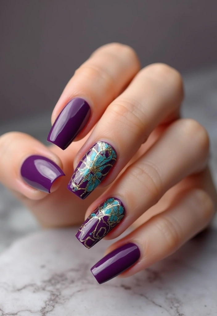 22 Purple Acrylic Nail Ideas for Vibrant Royal Vibes - 21. Statement Nail