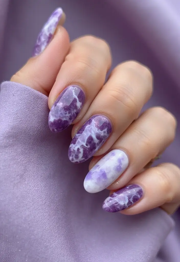 22 Purple Acrylic Nail Ideas for Vibrant Royal Vibes - 5. Marble Effect Nails