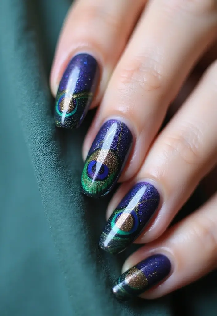 22 Purple Acrylic Nail Ideas for Vibrant Royal Vibes - 7. Peacock Feather Inspiration