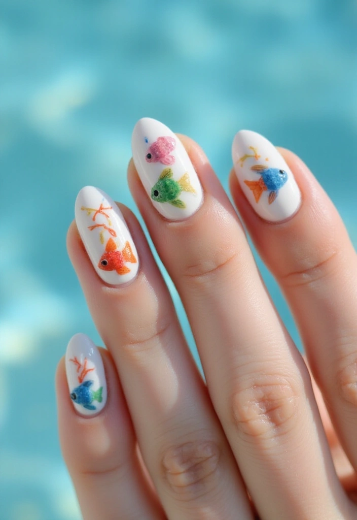 22 Serene Blue Nail Ideas for Calm - 10. Tropical Fish Art