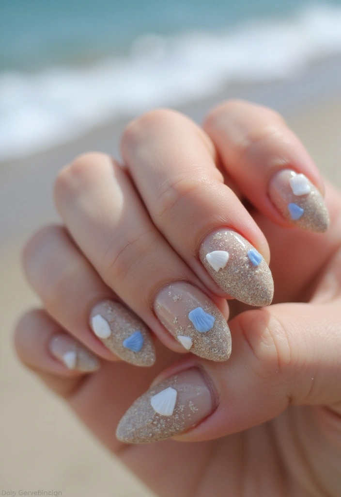22 Serene Blue Nail Ideas for Calm - 11. Shells and Sand