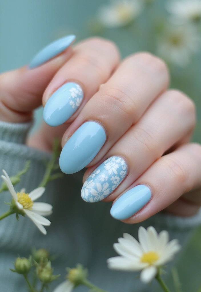 22 Serene Blue Nail Ideas for Calm - 19. Soft Blue Floral
