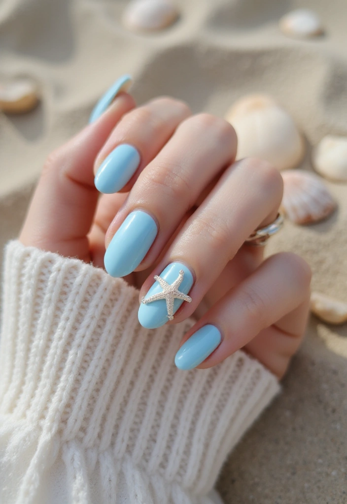 22 Serene Blue Nail Ideas for Calm - 2. Seashell Accents