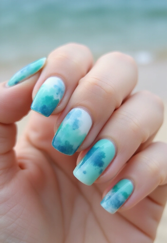22 Serene Blue Nail Ideas for Calm - 8. Watercolor Ocean Splash