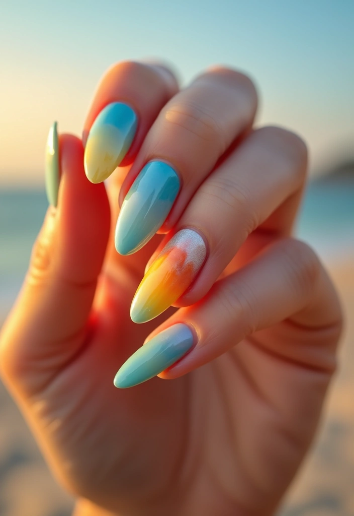 22 Serene Blue Nail Ideas for Calm - 9. Beach Sunset Gradient