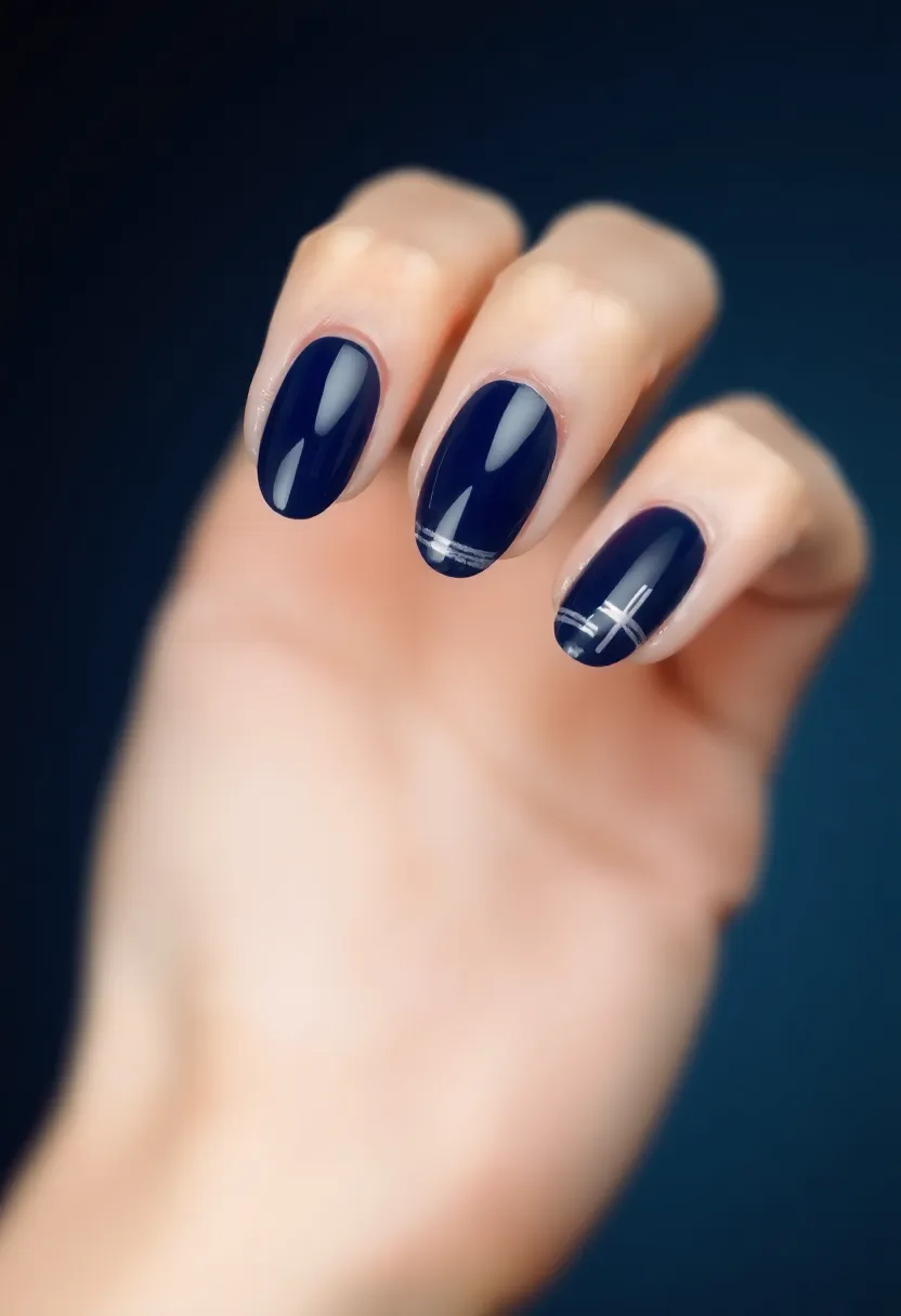 22 Sophisticated Navy Blue Nail Ideas for Deep Elegance - 10. Navy Blue and Silver Stripes