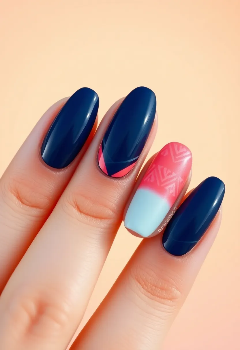 22 Sophisticated Navy Blue Nail Ideas for Deep Elegance - 11. Navy Blue and Coral Contrasts