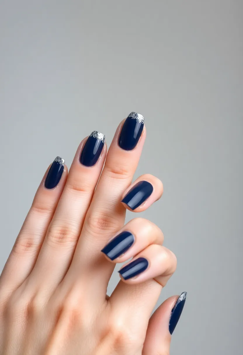 22 Sophisticated Navy Blue Nail Ideas for Deep Elegance - 12. Navy Blue Glitter Dipped Tips