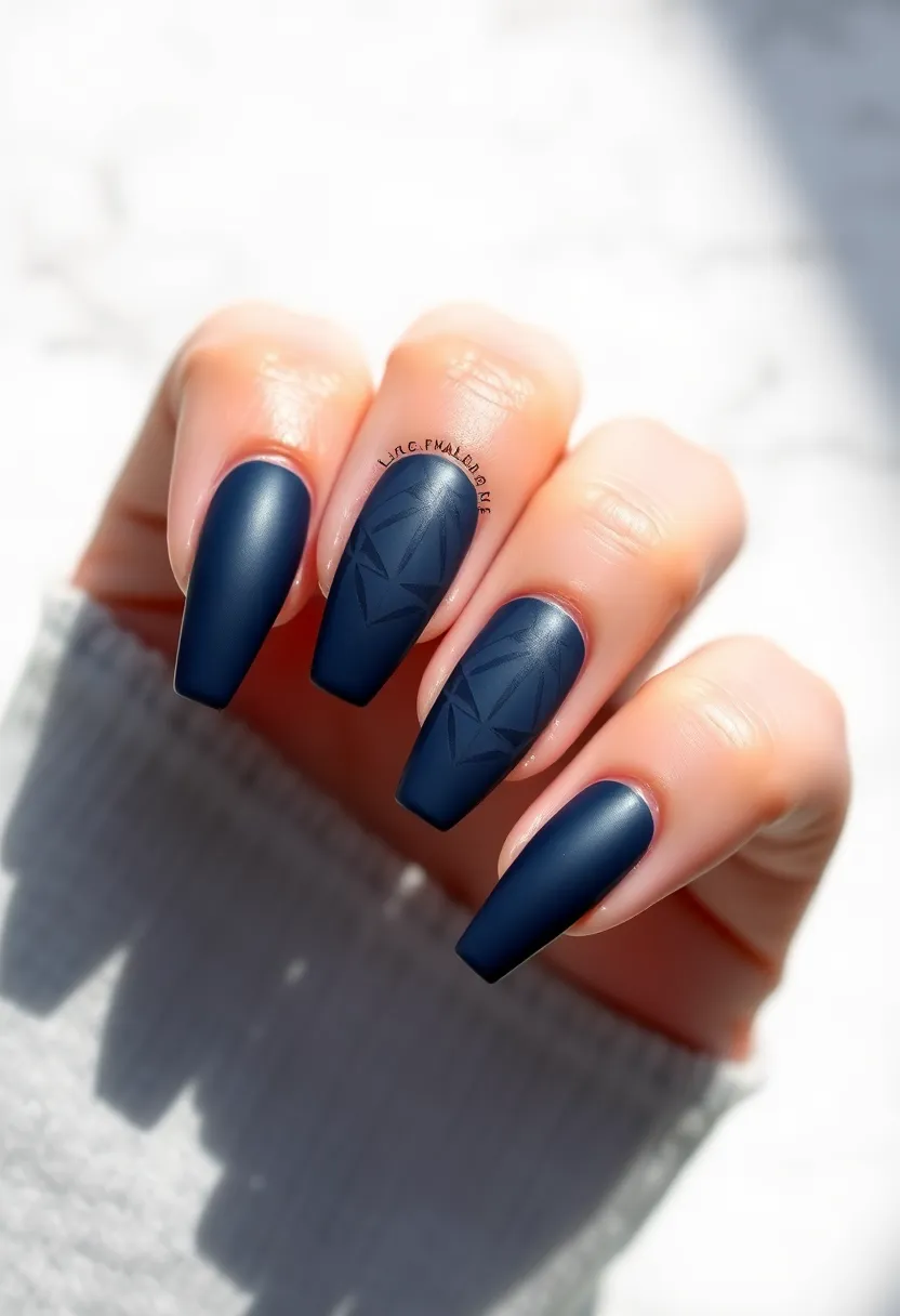 22 Sophisticated Navy Blue Nail Ideas for Deep Elegance - 14. Navy Blue with Geometric Shapes