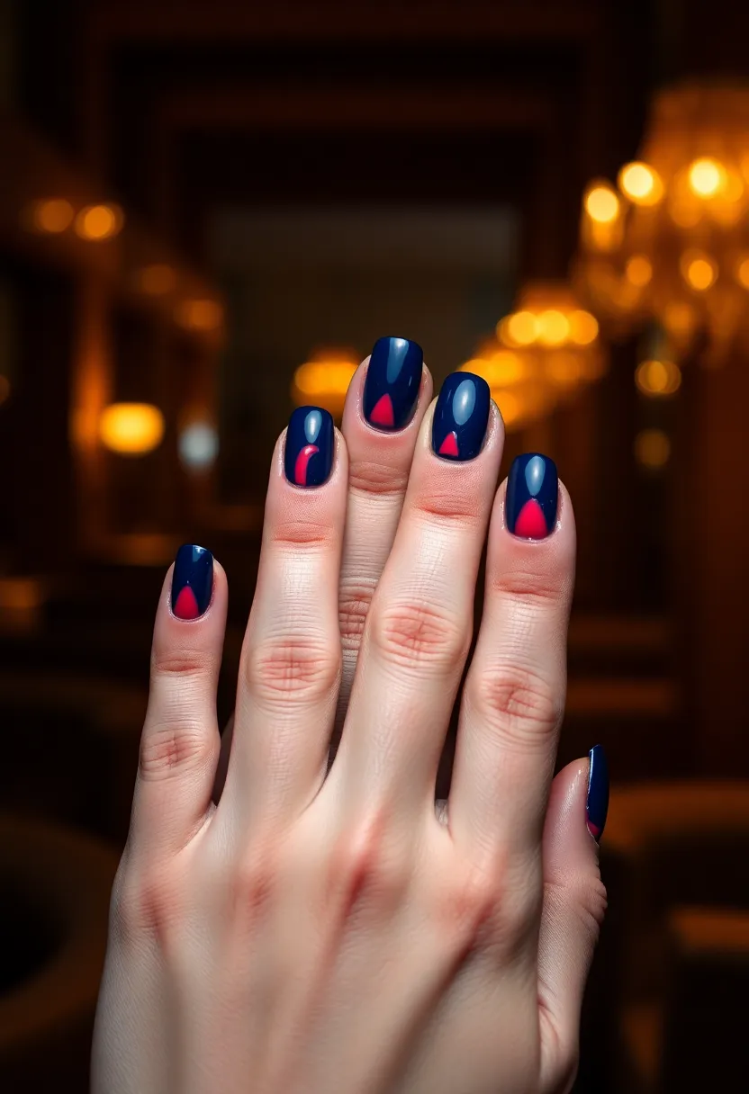 22 Sophisticated Navy Blue Nail Ideas for Deep Elegance - 16. Navy Blue with Striking Red Highlights