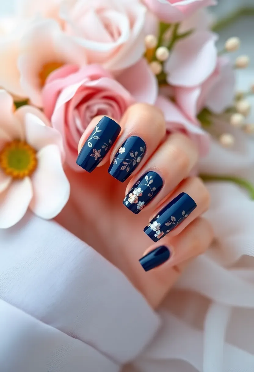 22 Sophisticated Navy Blue Nail Ideas for Deep Elegance - 17. Navy Blue with Floral Foil