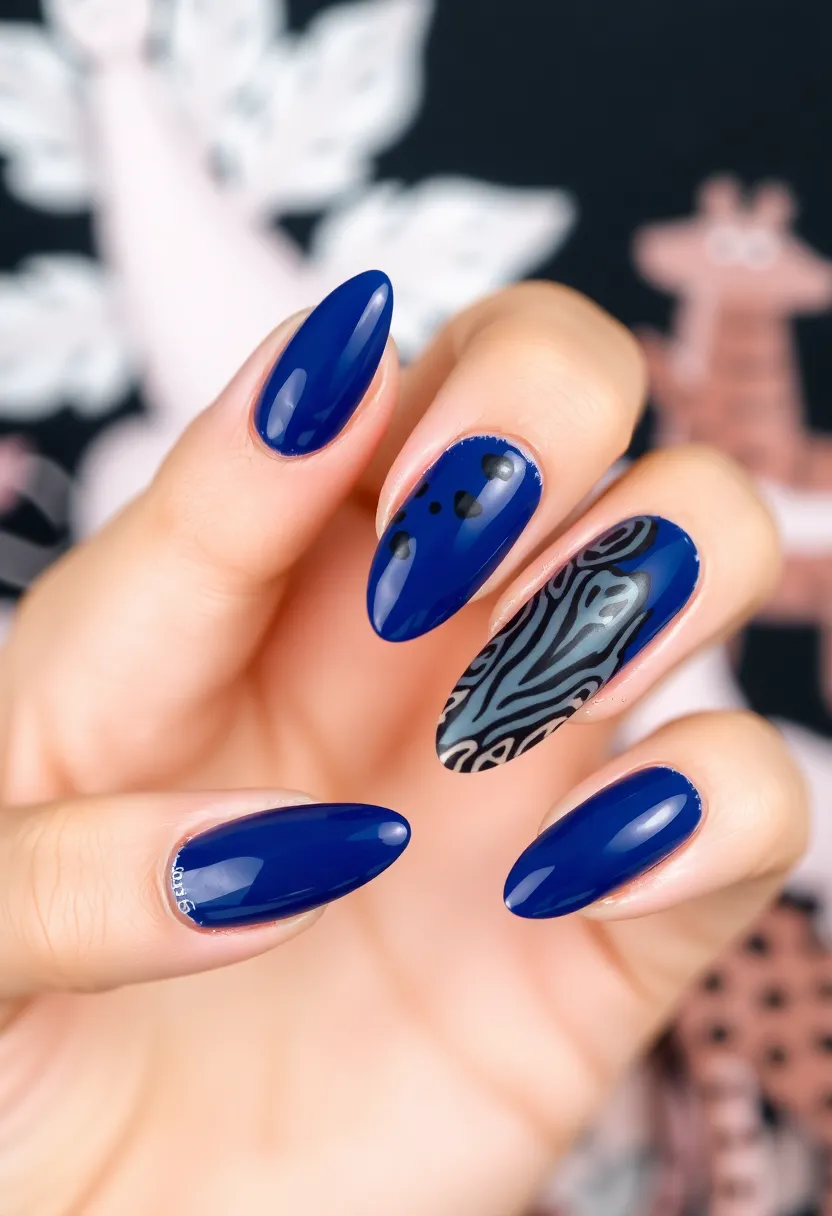 22 Sophisticated Navy Blue Nail Ideas for Deep Elegance - 19. Navy Blue with Animal Print