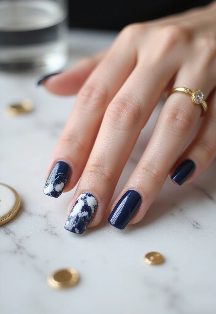 22 Sophisticated Navy Blue Nail Ideas for Deep Elegance - 4. Navy and White Marble Nails