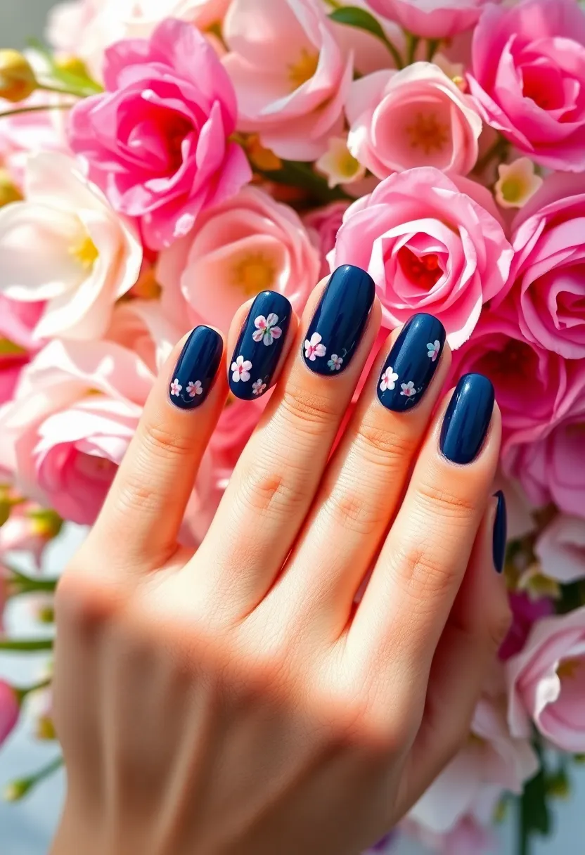 22 Sophisticated Navy Blue Nail Ideas for Deep Elegance - 9. Navy Blue with Floral Nail Art