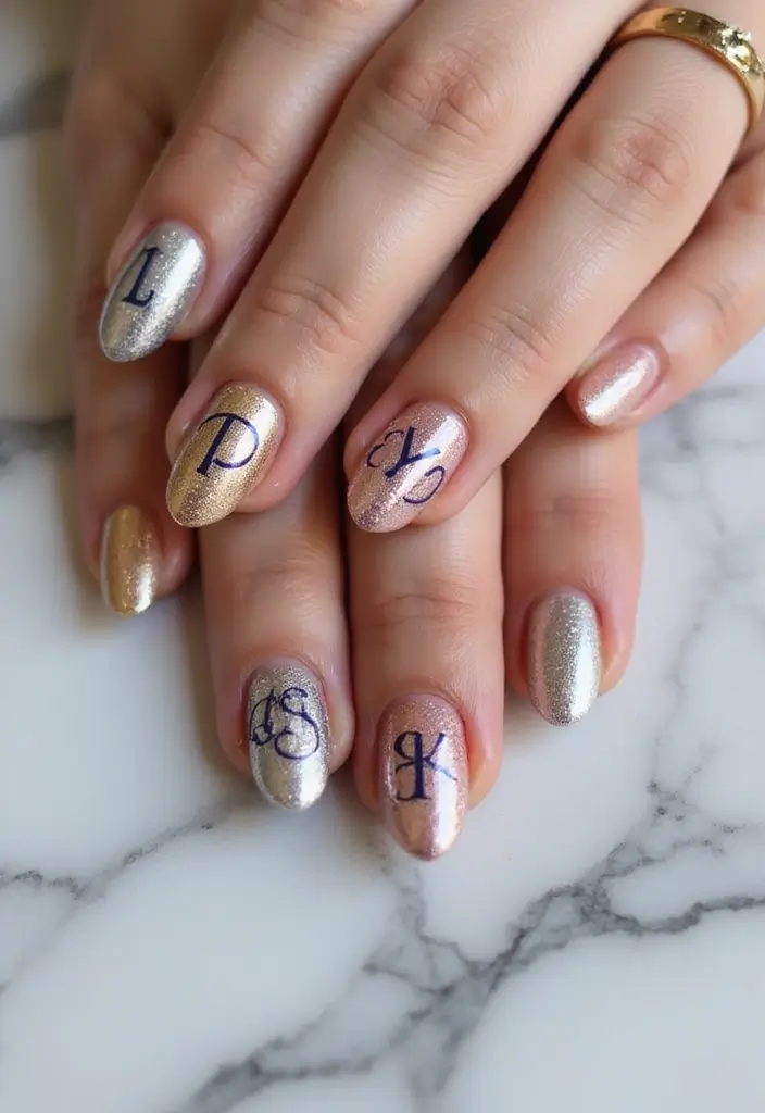 25 Acrylic Nails with Initials for Custom - 13. Metallic Initials
