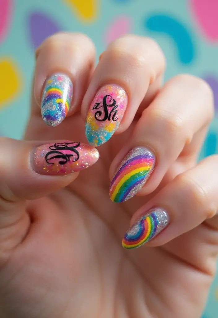 25 Acrylic Nails with Initials for Custom - 14. Rainbow Initials