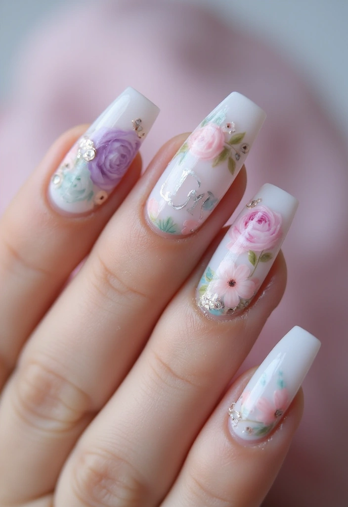 25 Acrylic Nails with Initials for Custom - 22. Vintage Floral Initials
