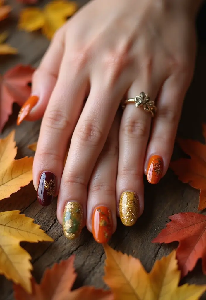 25 Complete Nail Set Ideas for Coordinated Captivating Looks - 1. Autumn Leaves Extravaganza