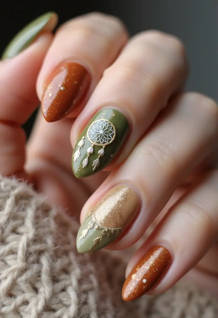 25 Complete Nail Set Ideas for Coordinated Captivating Looks - 11. Bohemian Dreamcatcher