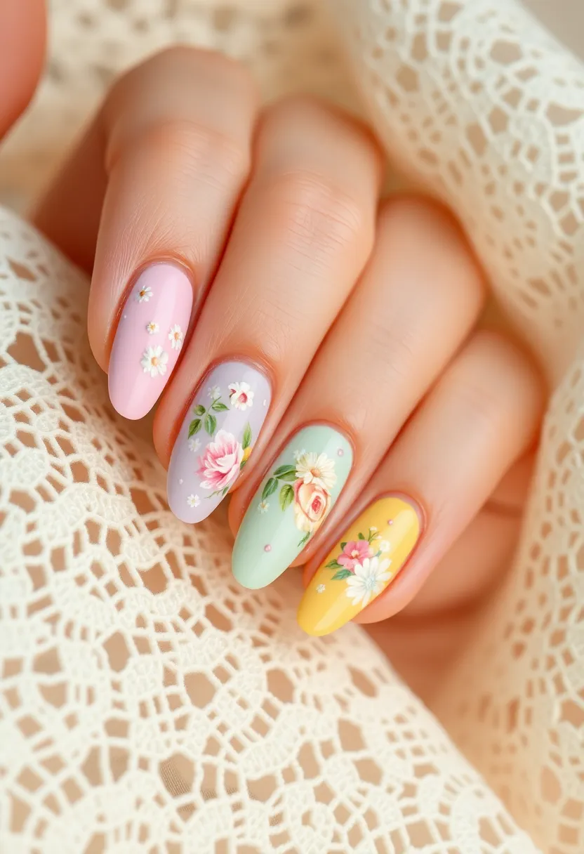 25 Complete Nail Set Ideas for Coordinated Captivating Looks - 15. Vintage Floral Patterns