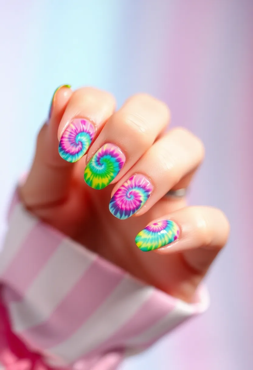 25 Complete Nail Set Ideas for Coordinated Captivating Looks - 18. Colorful Tie-Dye