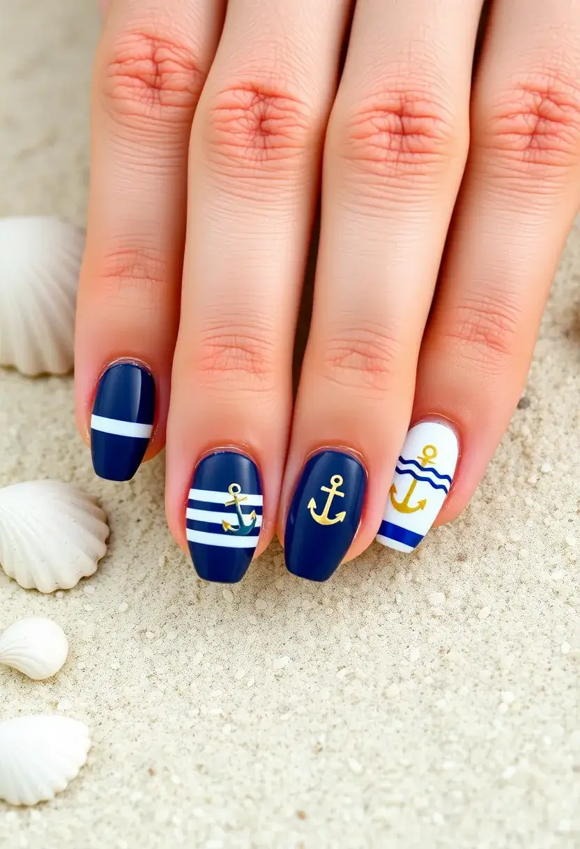 25 Complete Nail Set Ideas for Coordinated Captivating Looks - 24. Nautical Stripes