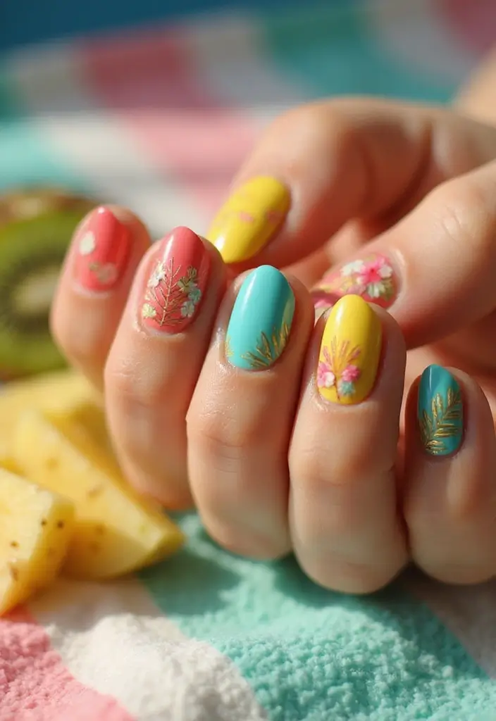 25 Complete Nail Set Ideas for Coordinated Captivating Looks - 6. Tropical Paradise Vibes