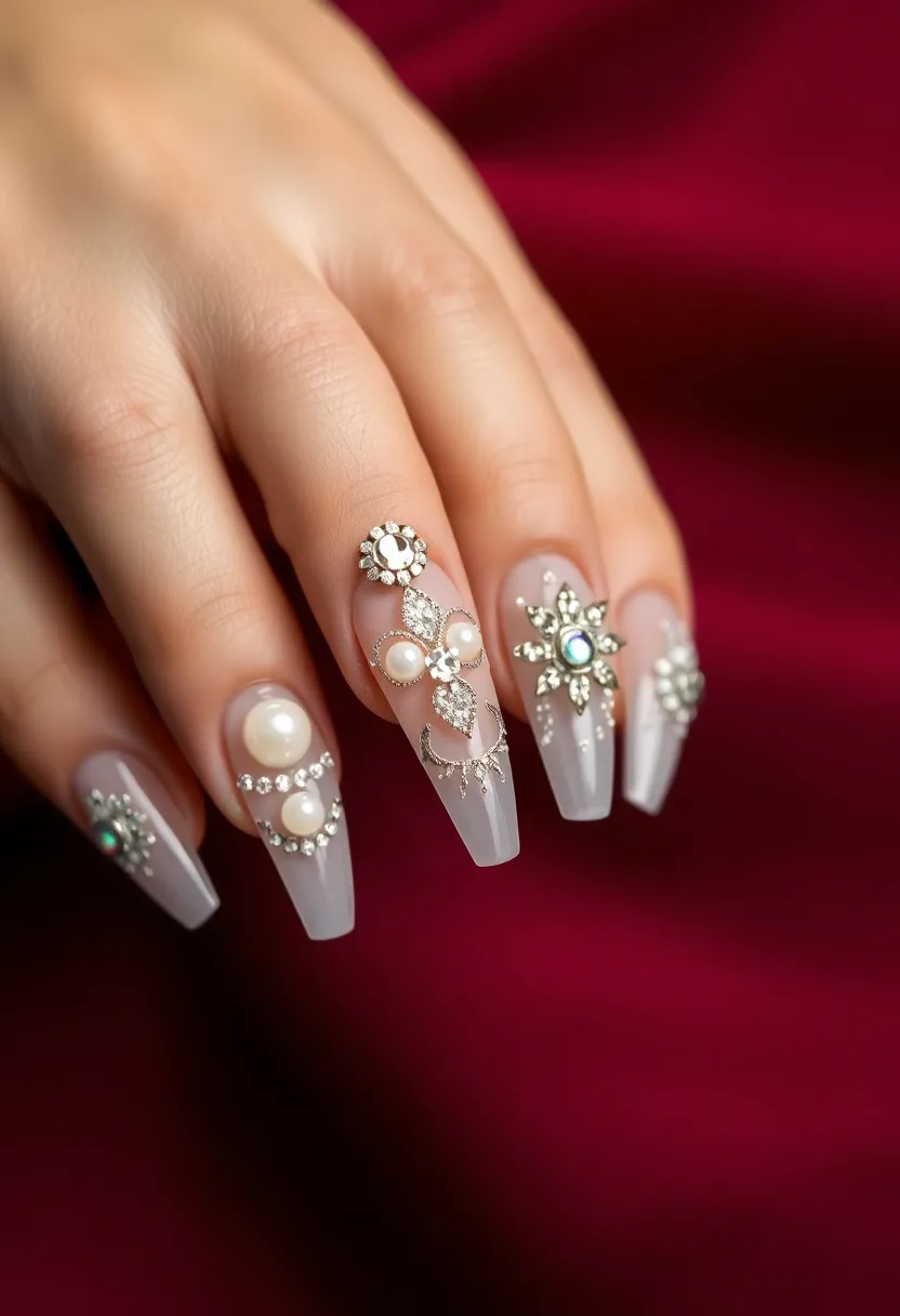 25 Elegant Long Acrylic Nail Ideas for Glam - 10. Vintage Glam with Sparkle