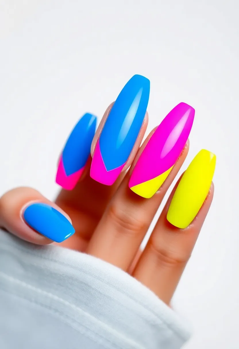 25 Elegant Long Acrylic Nail Ideas for Glam - 12. Bold Color Blocking