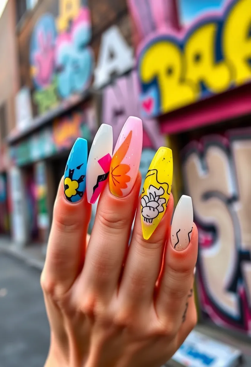 25 Elegant Long Acrylic Nail Ideas for Glam - 16. Graffiti and Artistic Splashes