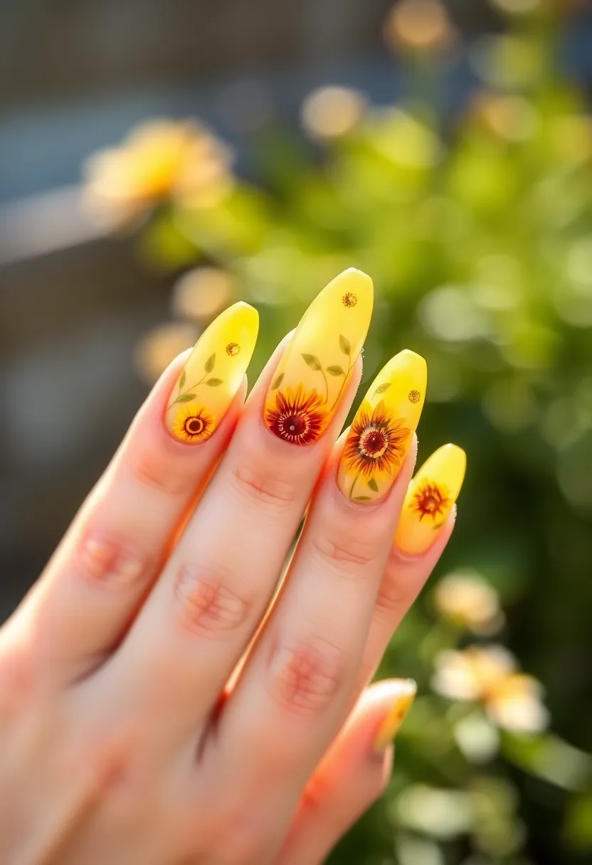 25 Elegant Long Acrylic Nail Ideas for Glam - 18. Radiant Sunflower Designs