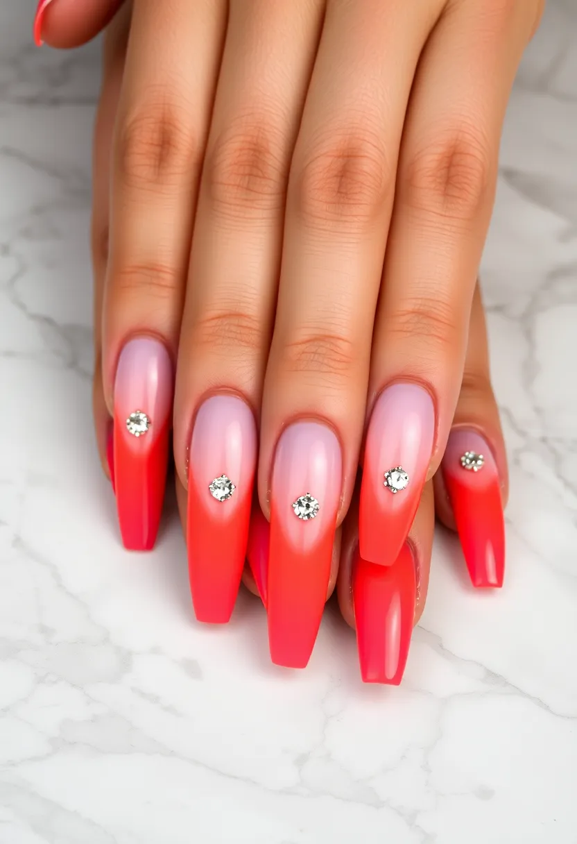 25 Elegant Long Acrylic Nail Ideas for Glam - 22. Stylish Ombre with Rhinestones